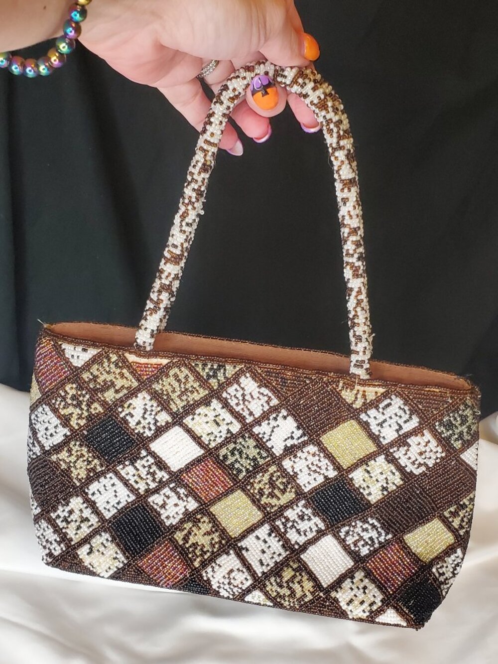 Vintage Geometric Beaded Handbag Earth Tone Checkerboard Patchwork Top HandleBag